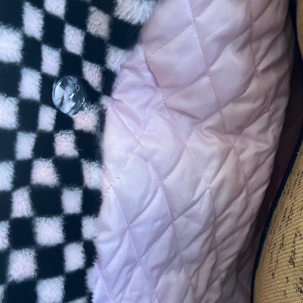 Checkerboard Faux Fur Pea Coat - Pink & Black - Picture 6 of 7